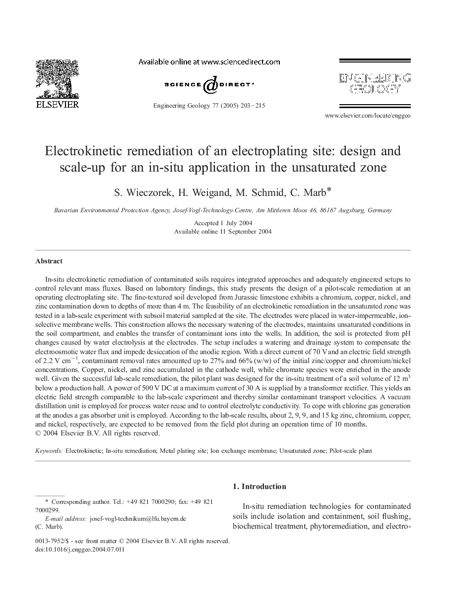 Electrokinetic remediation of an electroplating site: design and scale-up for an in-situ application in the unsaturated zone