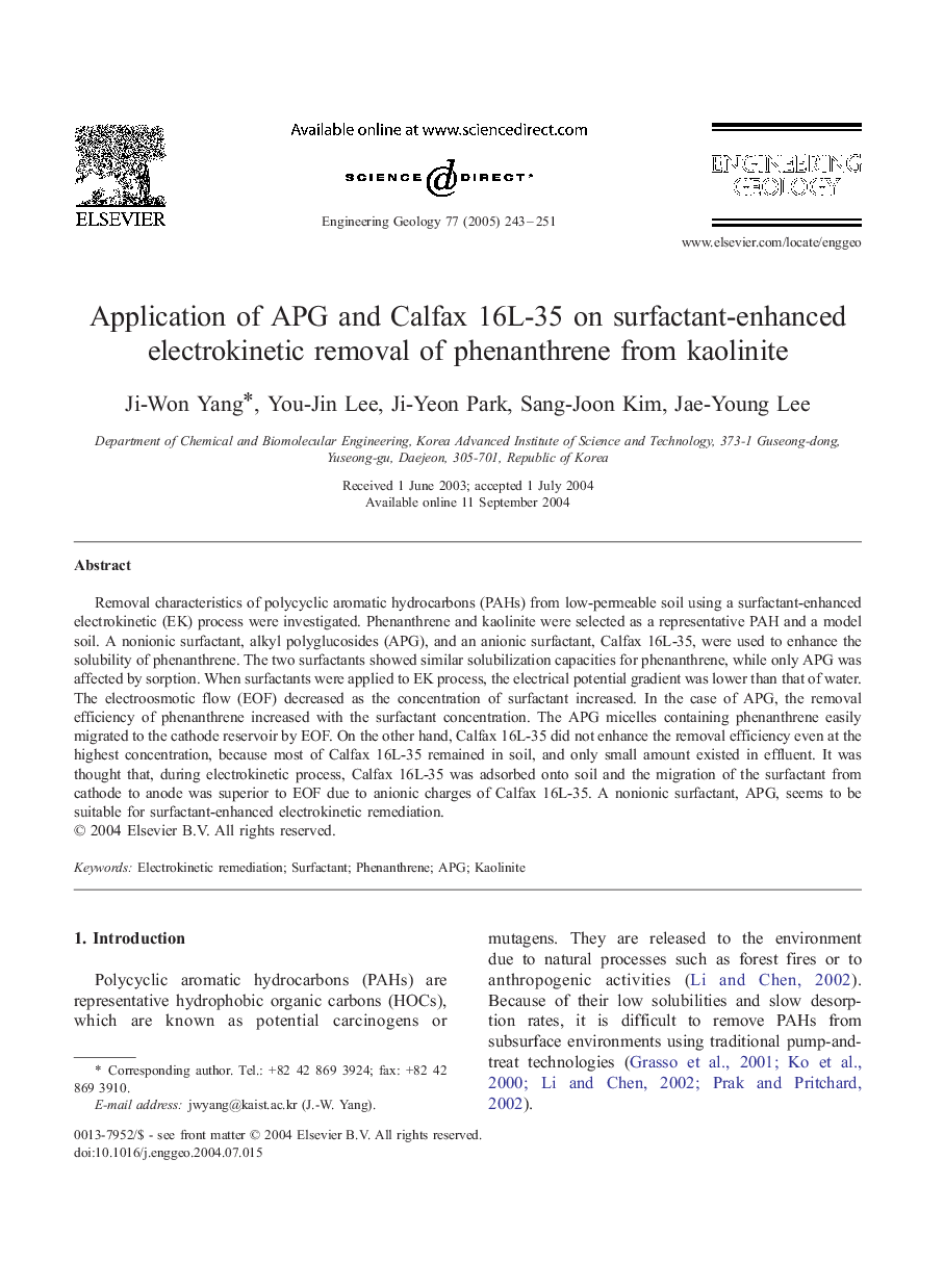 Application of APG and Calfax 16L-35 on surfactant-enhanced electrokinetic removal of phenanthrene from kaolinite