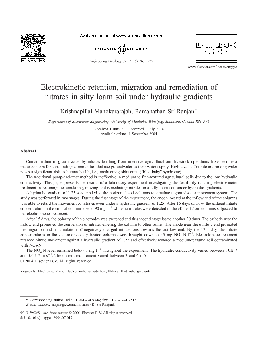 Electrokinetic retention, migration and remediation of nitrates in silty loam soil under hydraulic gradients