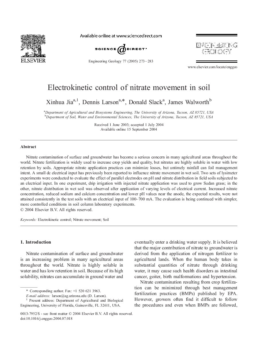 Electrokinetic control of nitrate movement in soil