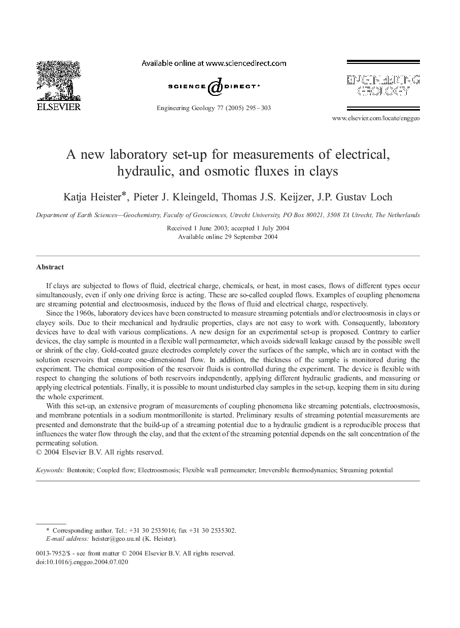 A new laboratory set-up for measurements of electrical, hydraulic, and osmotic fluxes in clays