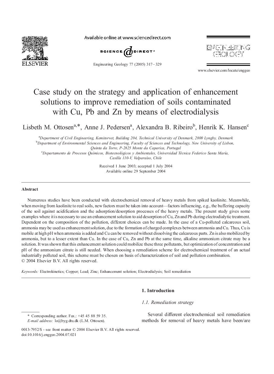 Case study on the strategy and application of enhancement solutions to improve remediation of soils contaminated with Cu, Pb and Zn by means of electrodialysis