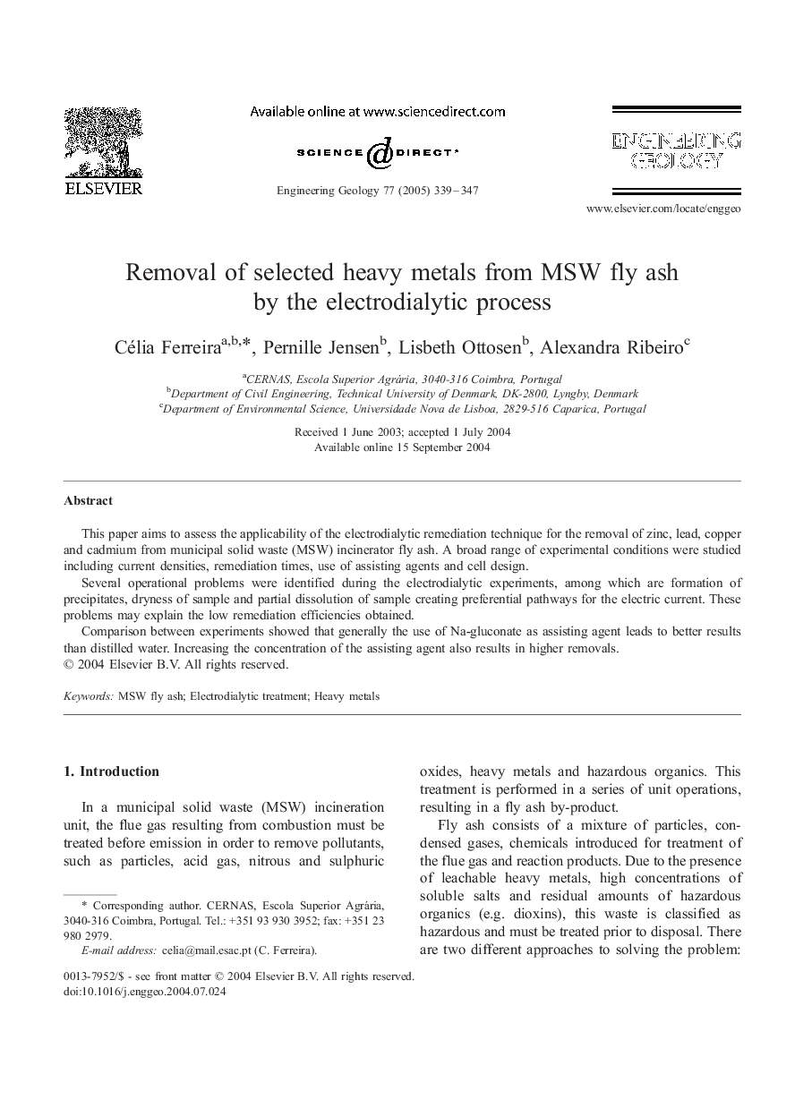 Removal of selected heavy metals from MSW fly ash by the electrodialytic process