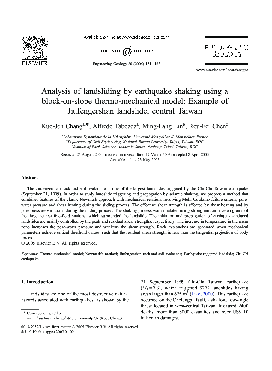 Analysis of landsliding by earthquake shaking using a block-on-slope thermo-mechanical model: Example of Jiufengershan landslide, central Taiwan