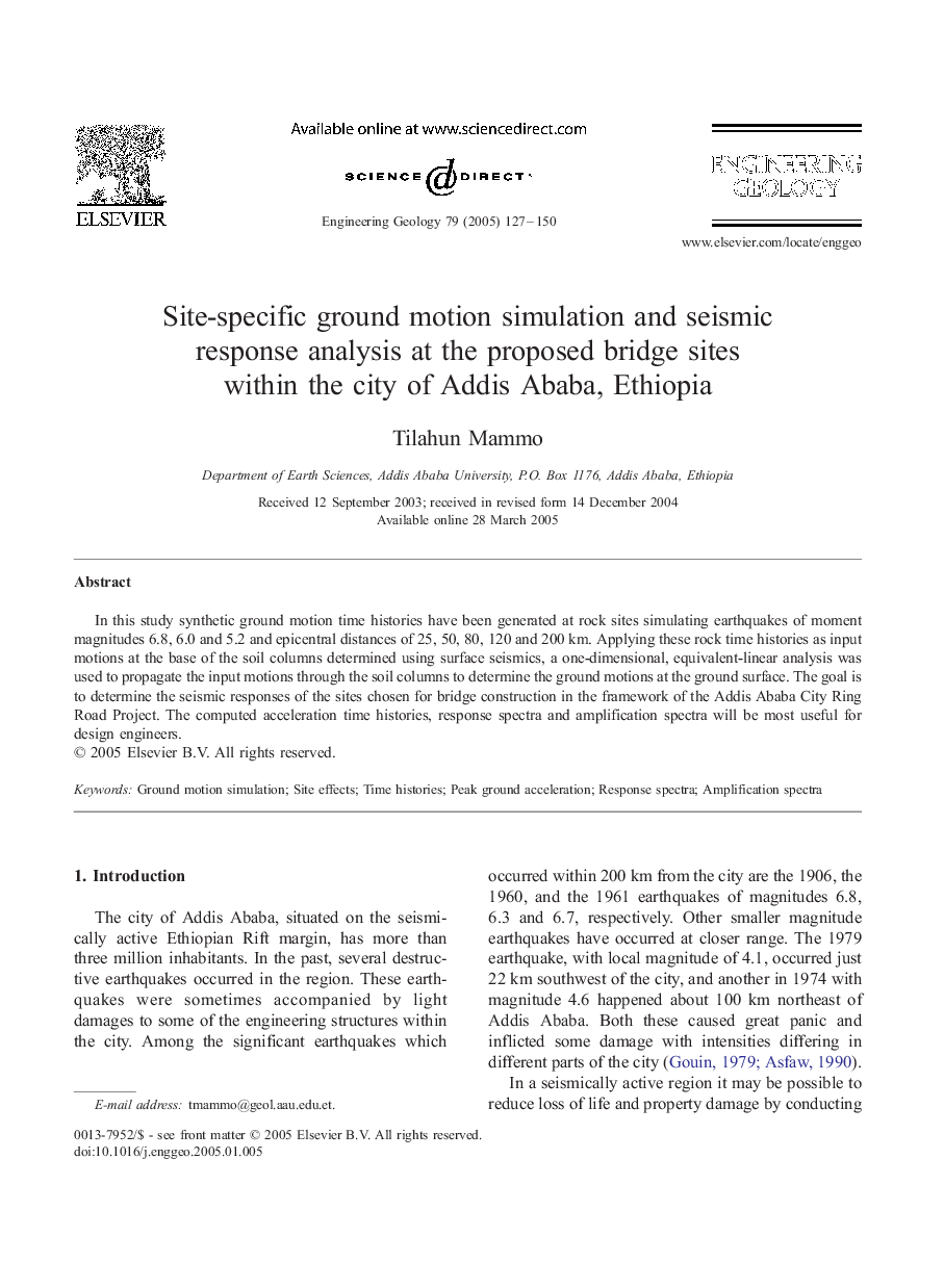 Site-specific ground motion simulation and seismic response analysis at the proposed bridge sites within the city of Addis Ababa, Ethiopia