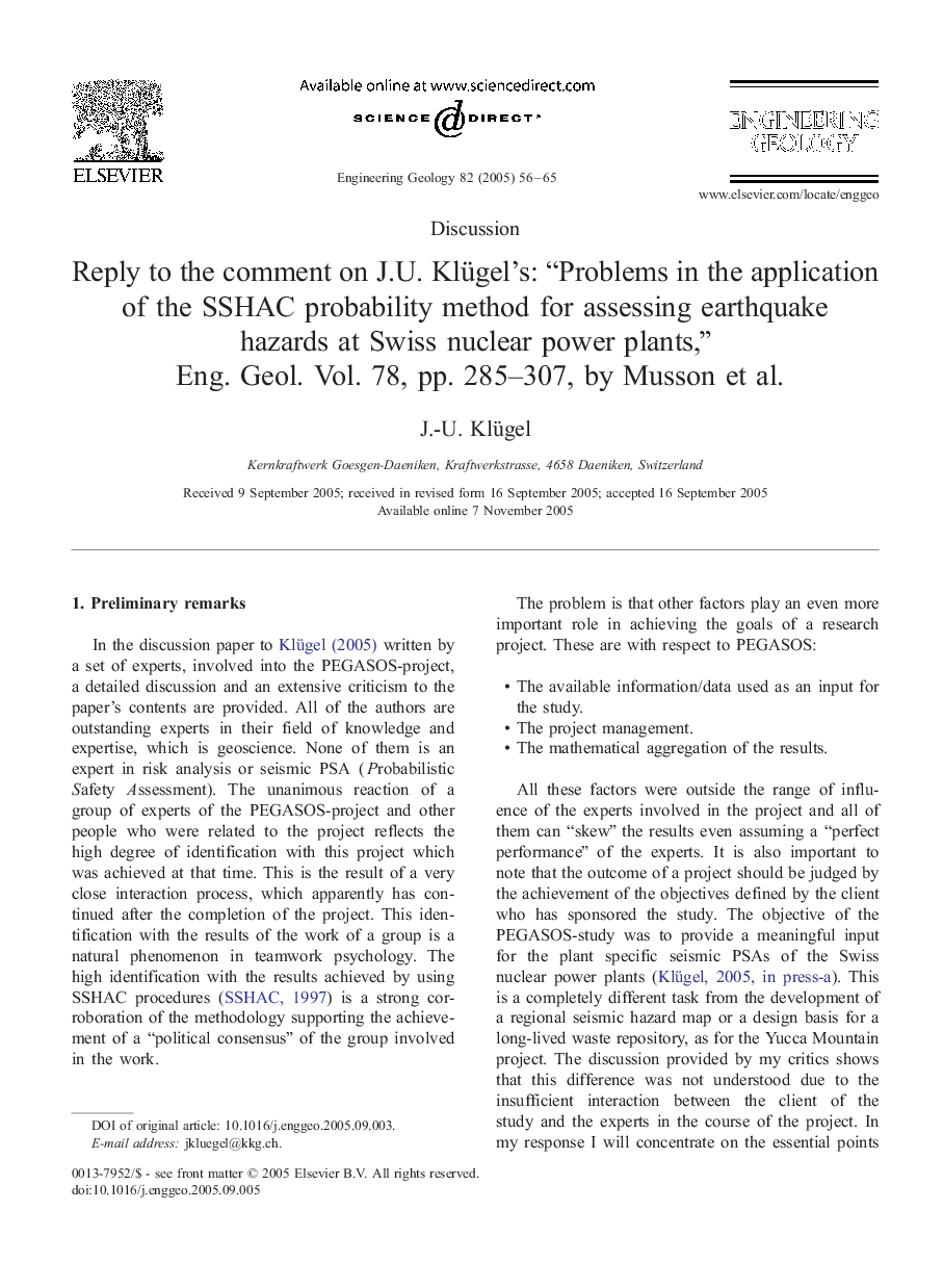 Reply to the comment on J.U. Klügel's: “Problems in the application of the SSHAC probability method for assessing earthquake hazards at Swiss nuclear power plants,” Eng. Geol. Vol. 78, pp. 285-307, by Musson et al.