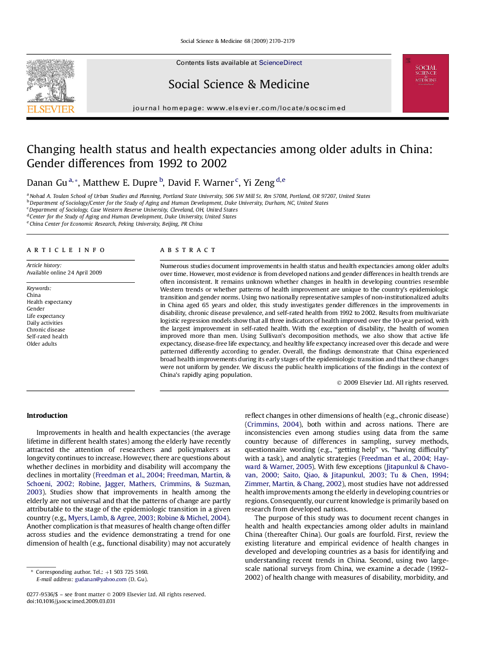 Changing health status and health expectancies among older adults in China: Gender differences from 1992 to 2002