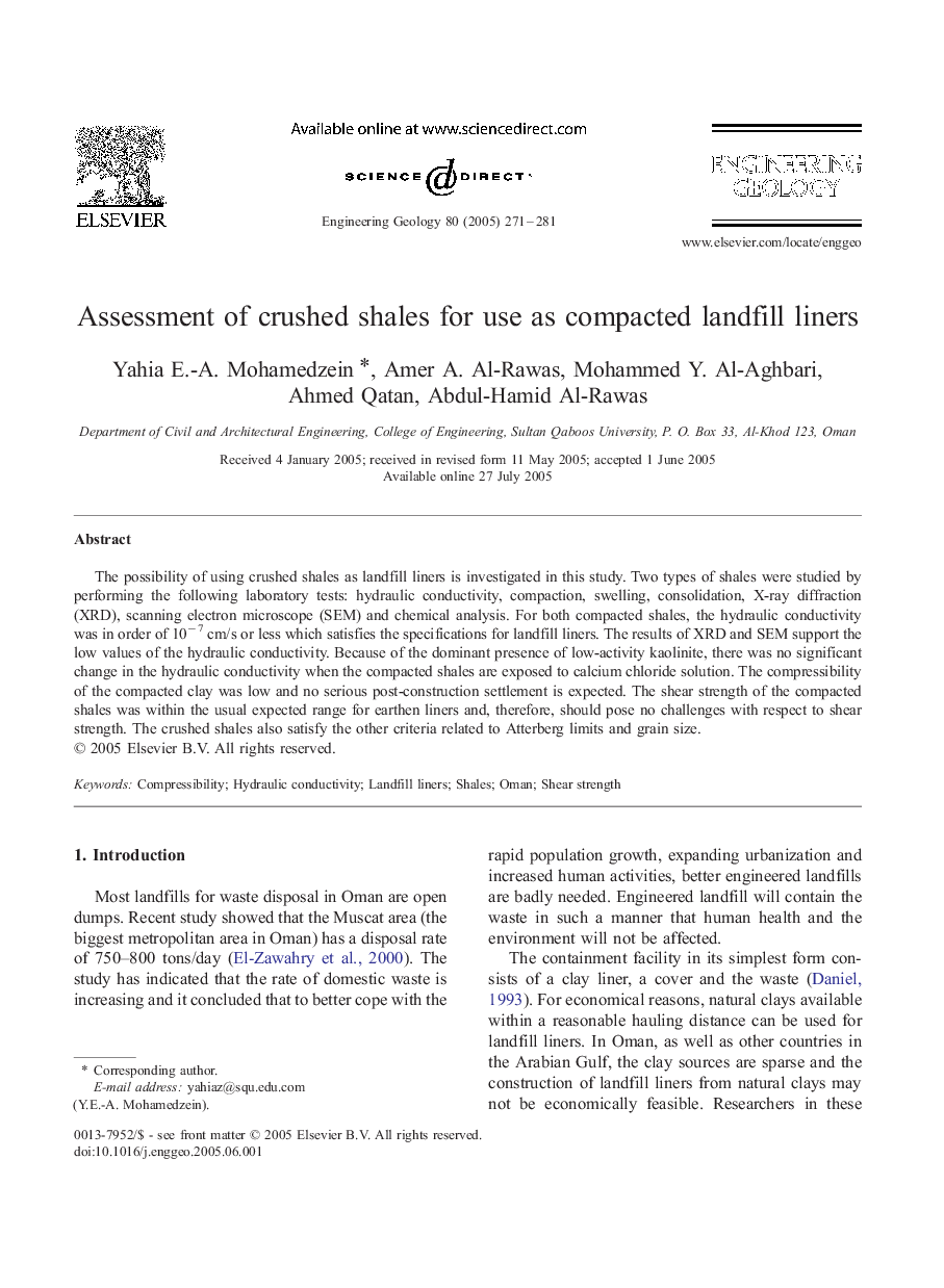 Assessment of crushed shales for use as compacted landfill liners