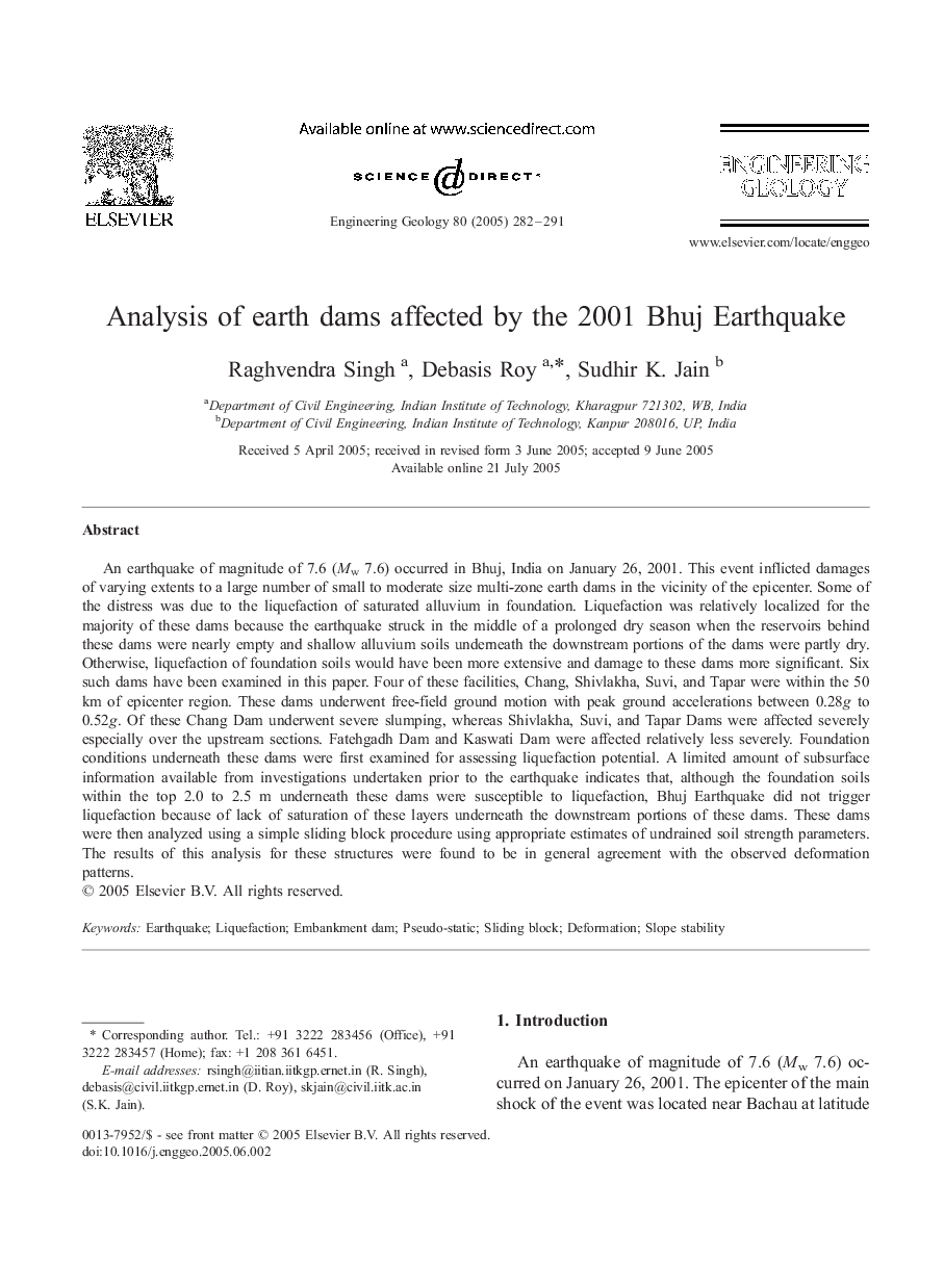 Analysis of earth dams affected by the 2001 Bhuj Earthquake