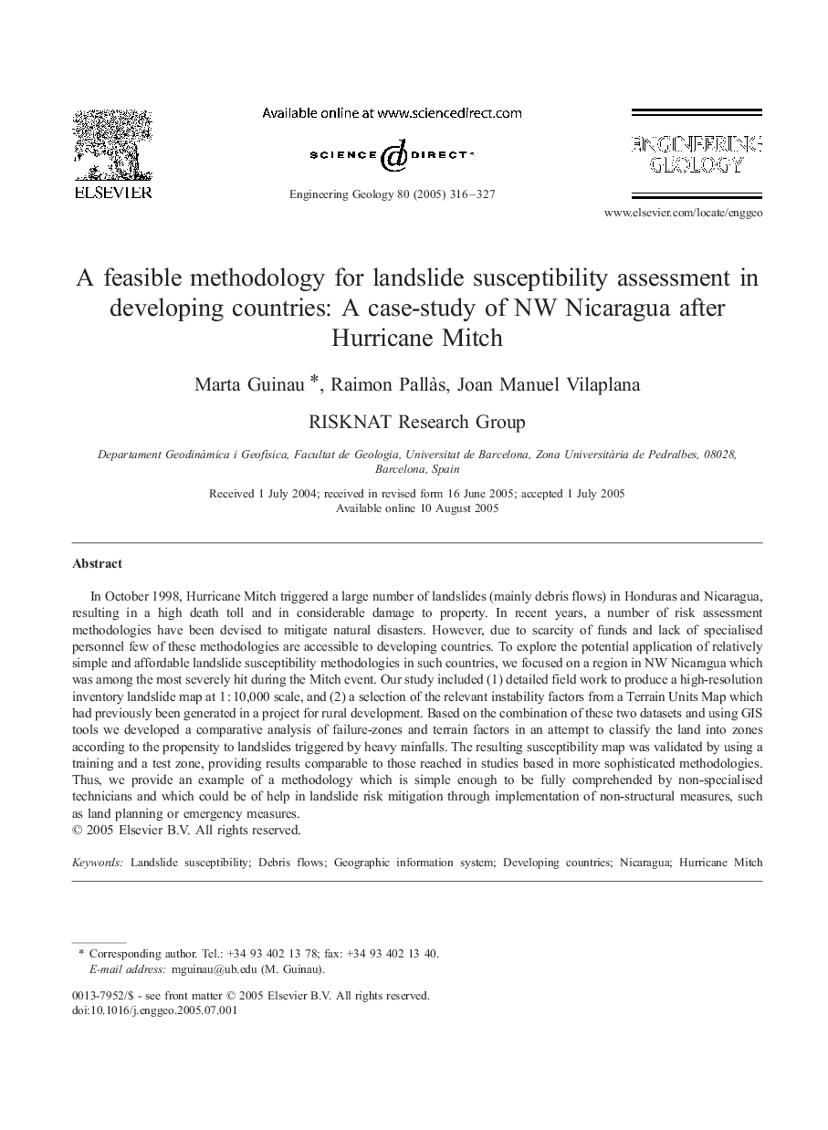 A feasible methodology for landslide susceptibility assessment in developing countries: A case-study of NW Nicaragua after Hurricane Mitch