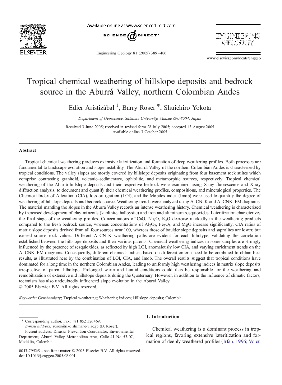 Tropical chemical weathering of hillslope deposits and bedrock source in the Aburrá Valley, northern Colombian Andes