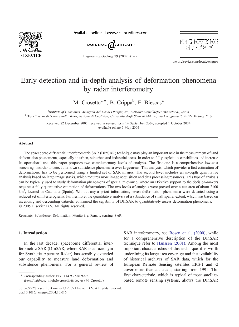 Early detection and in-depth analysis of deformation phenomena by radar interferometry