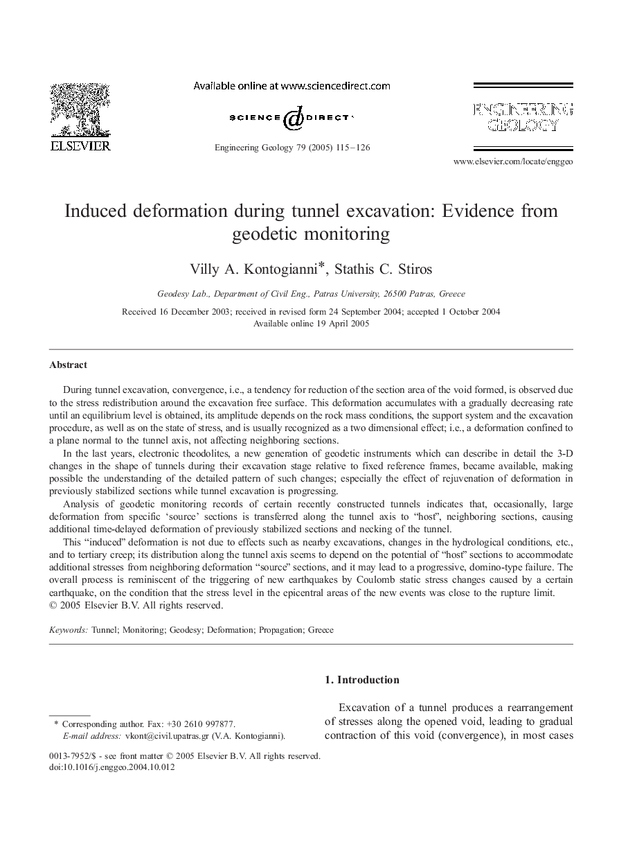 Induced deformation during tunnel excavation: Evidence from geodetic monitoring