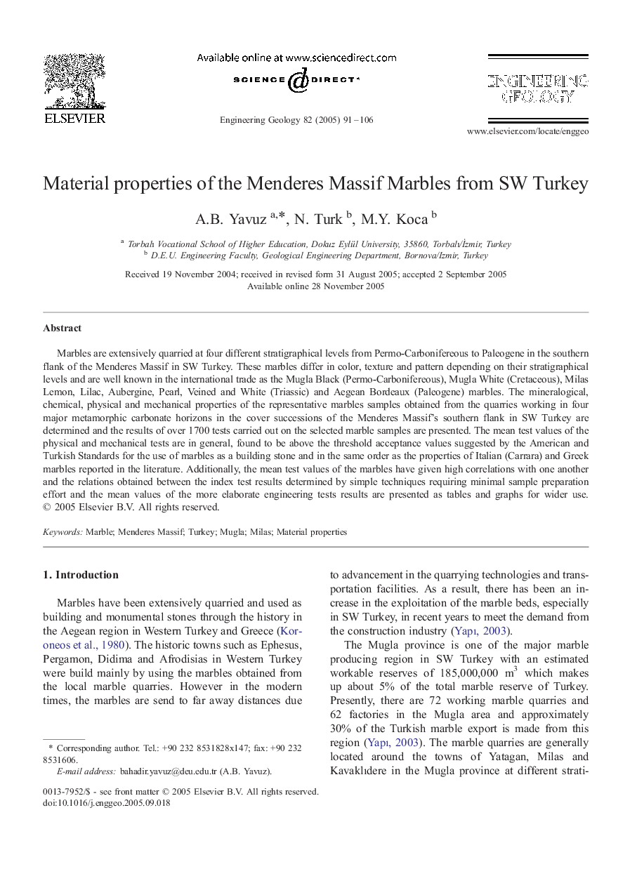 Material properties of the Menderes Massif Marbles from SW Turkey