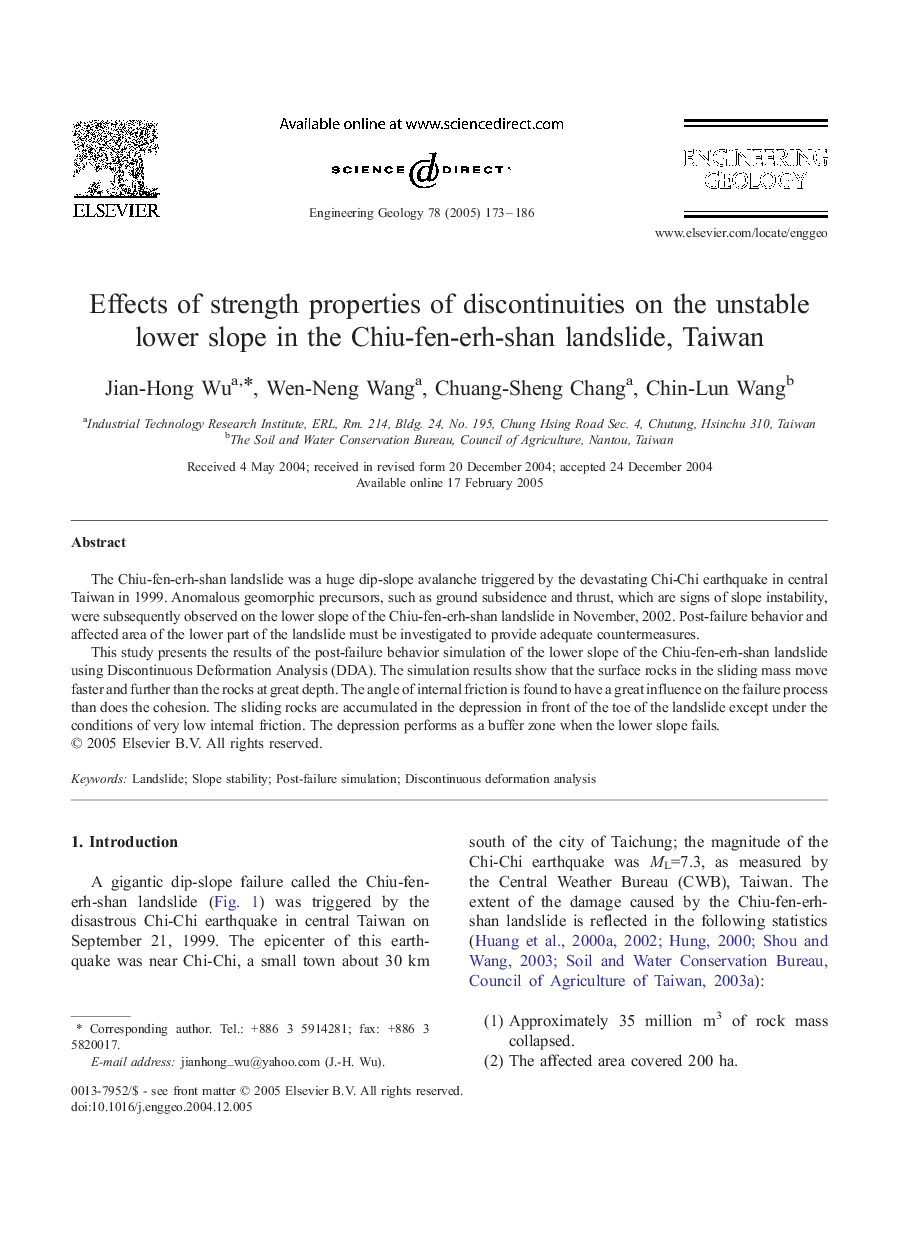 Effects of strength properties of discontinuities on the unstable lower slope in the Chiu-fen-erh-shan landslide, Taiwan