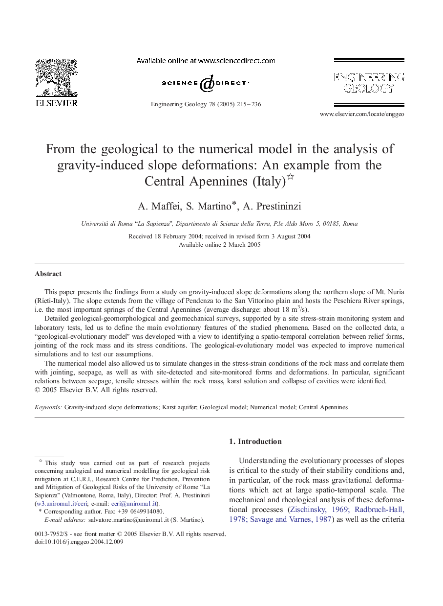 From the geological to the numerical model in the analysis of gravity-induced slope deformations: An example from the Central Apennines (Italy)