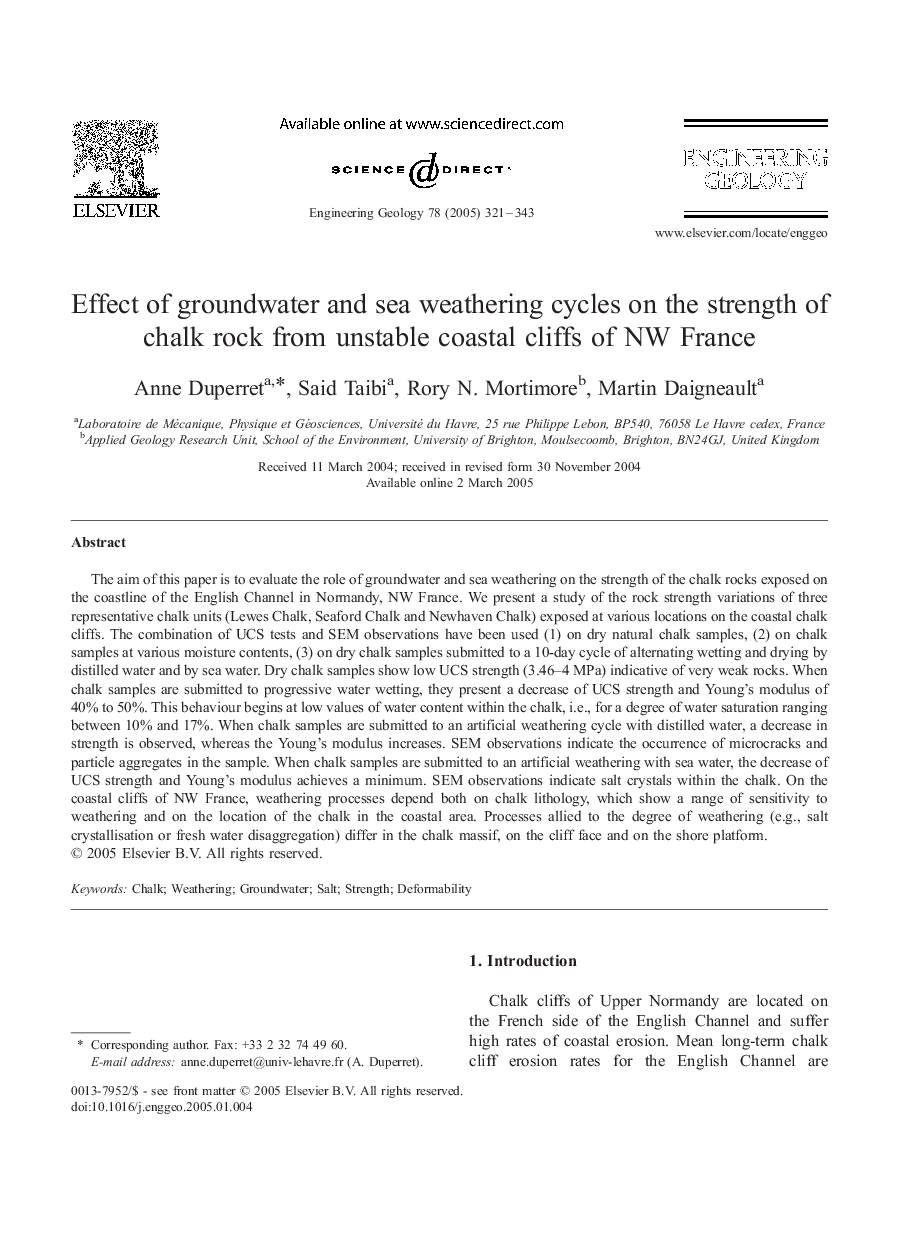 Effect of groundwater and sea weathering cycles on the strength of chalk rock from unstable coastal cliffs of NW France