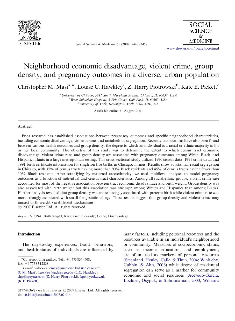 Neighborhood economic disadvantage, violent crime, group density, and pregnancy outcomes in a diverse, urban population