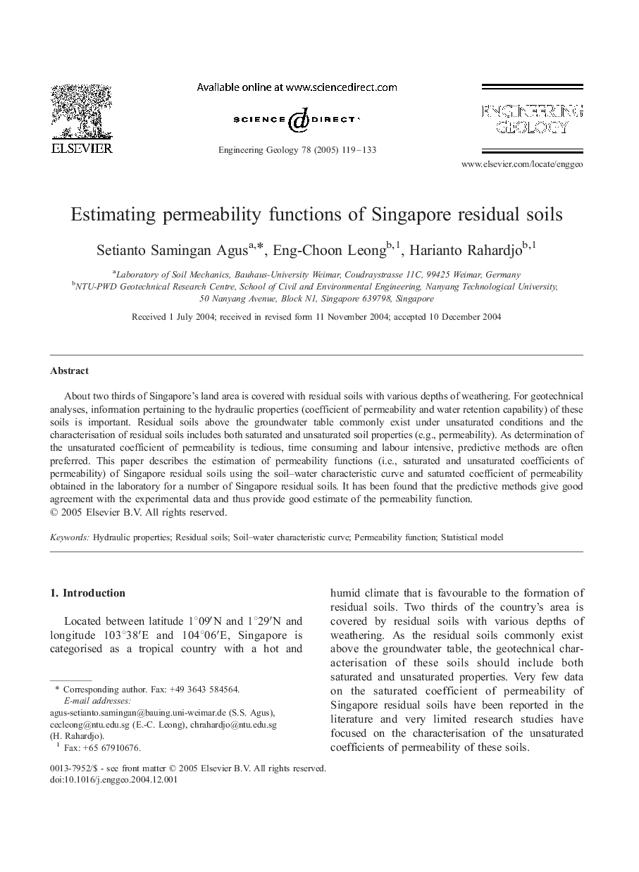 Estimating permeability functions of Singapore residual soils