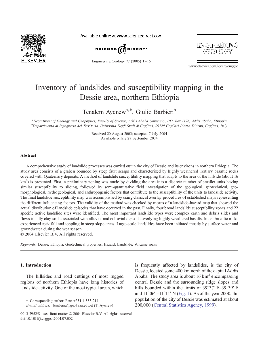 Inventory of landslides and susceptibility mapping in the Dessie area, northern Ethiopia