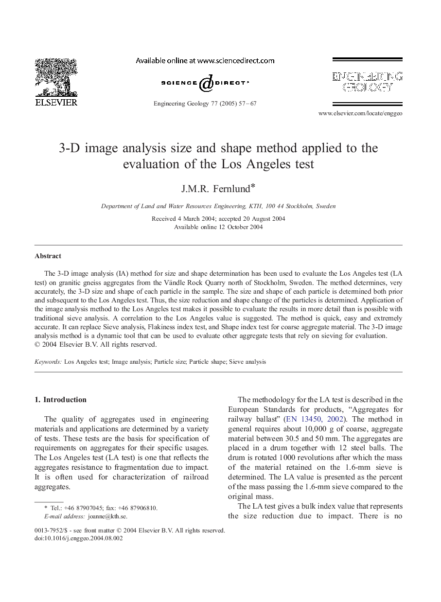 3-D image analysis size and shape method applied to the evaluation of the Los Angeles test