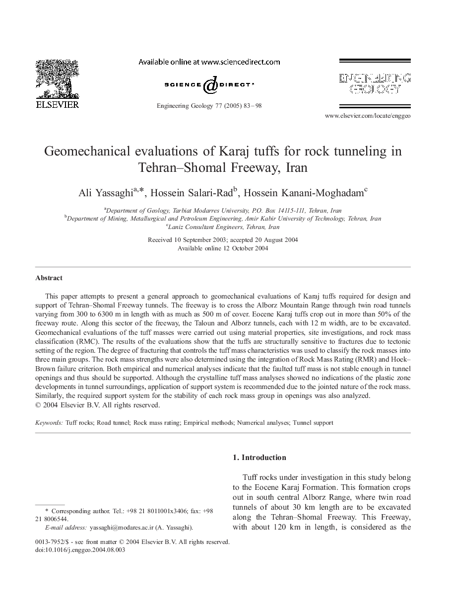 Geomechanical evaluations of Karaj tuffs for rock tunneling in Tehran-Shomal Freeway, Iran