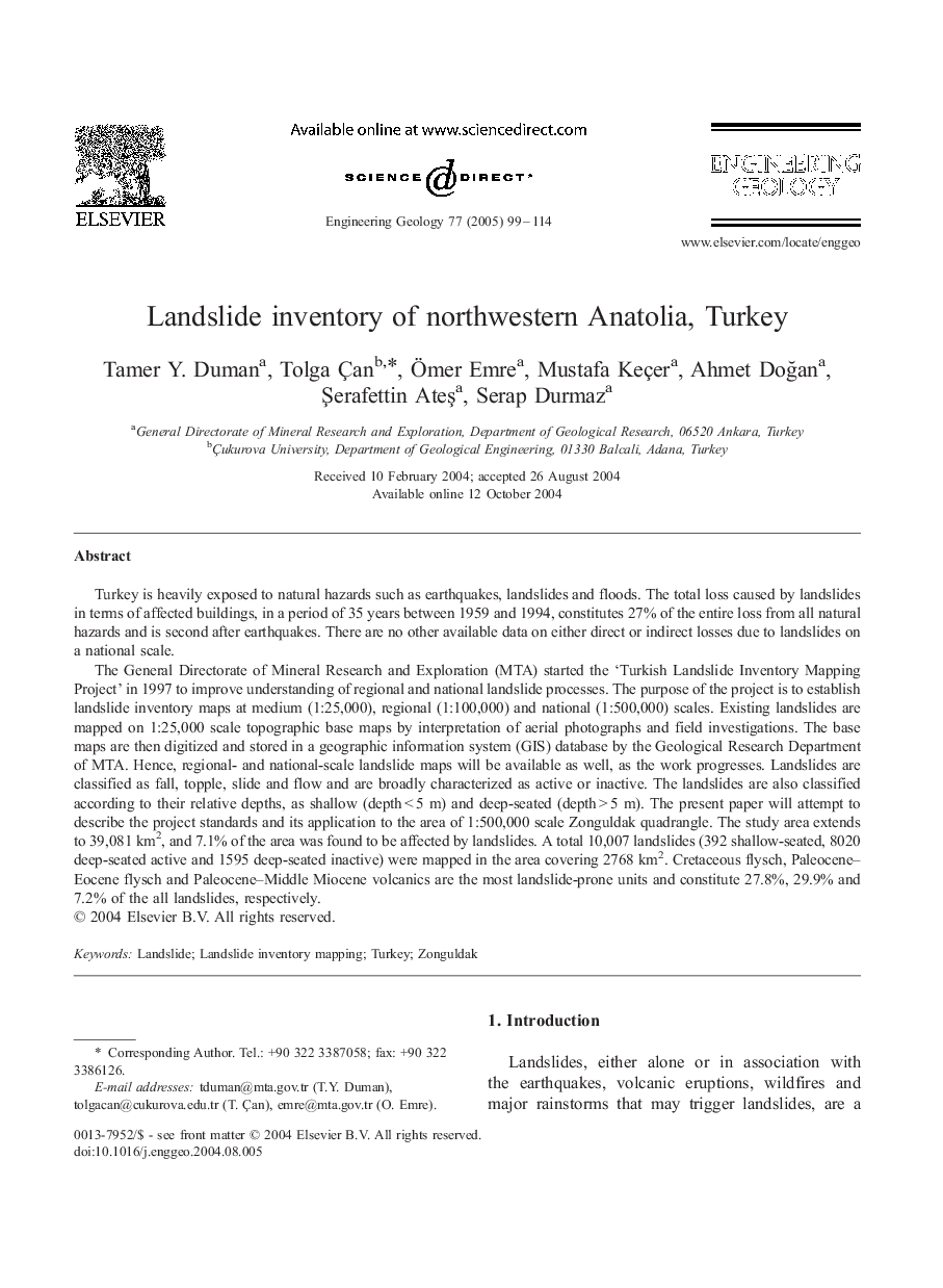 Landslide inventory of northwestern Anatolia, Turkey