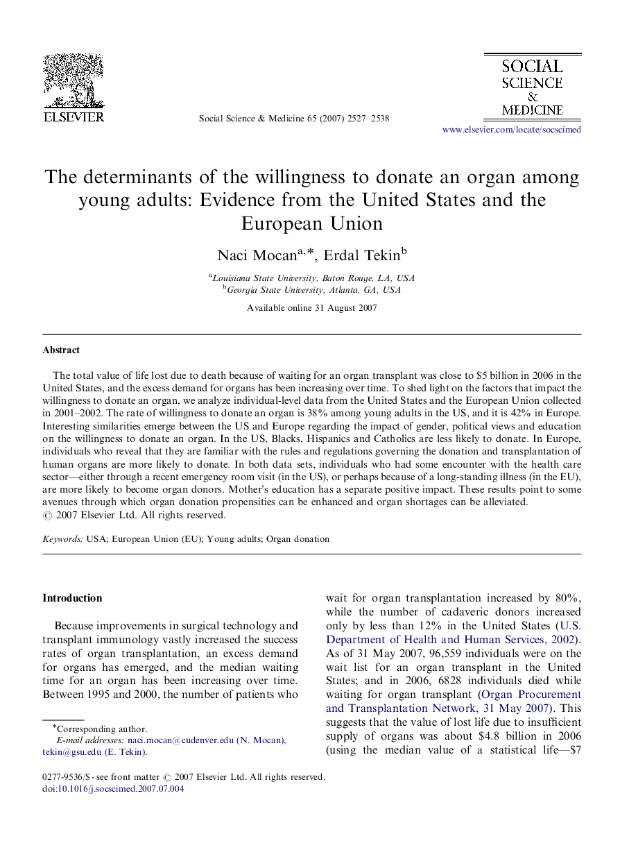 The determinants of the willingness to donate an organ among young adults: Evidence from the United States and the European Union