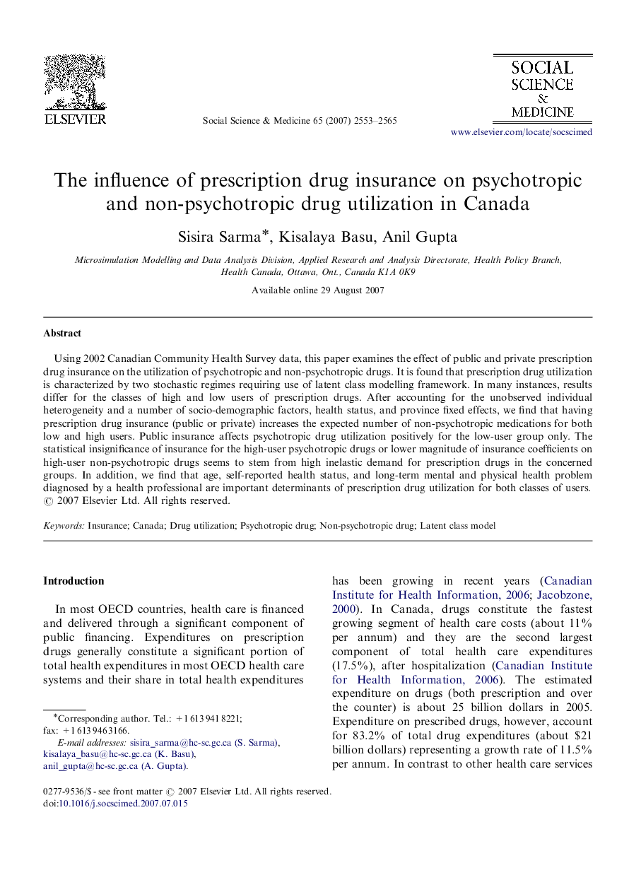 The influence of prescription drug insurance on psychotropic and non-psychotropic drug utilization in Canada