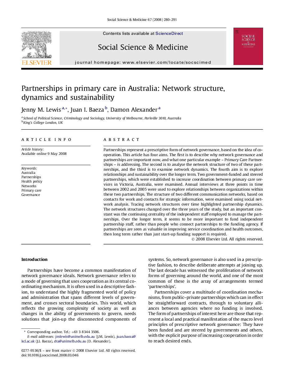 Partnerships in primary care in Australia: Network structure, dynamics and sustainability