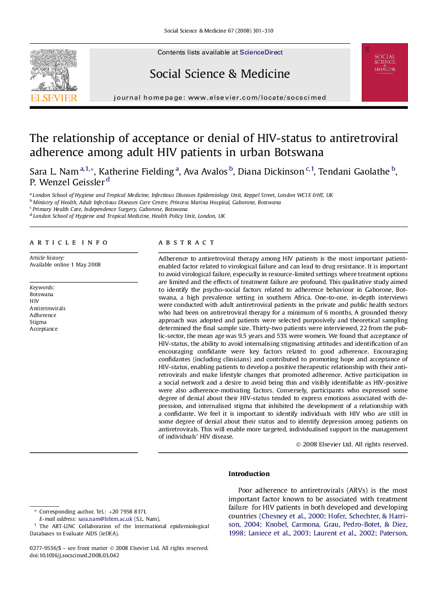 The relationship of acceptance or denial of HIV-status to antiretroviral adherence among adult HIV patients in urban Botswana