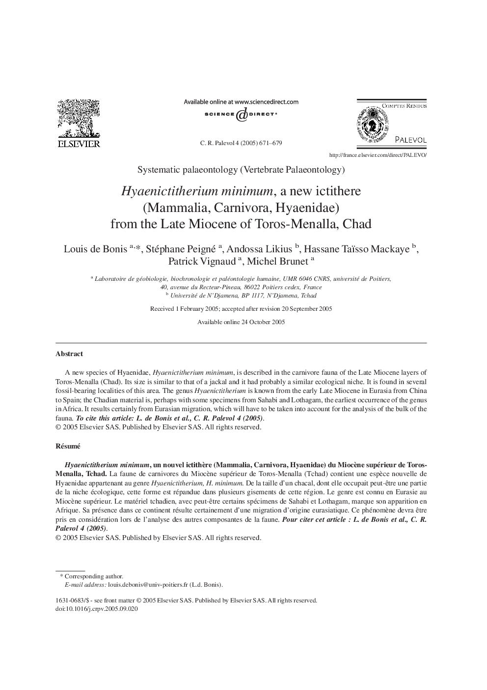 Hyaenictitherium minimum, a new ictithere (Mammalia, Carnivora, Hyaenidae) from the Late Miocene of Toros-Menalla, Chad