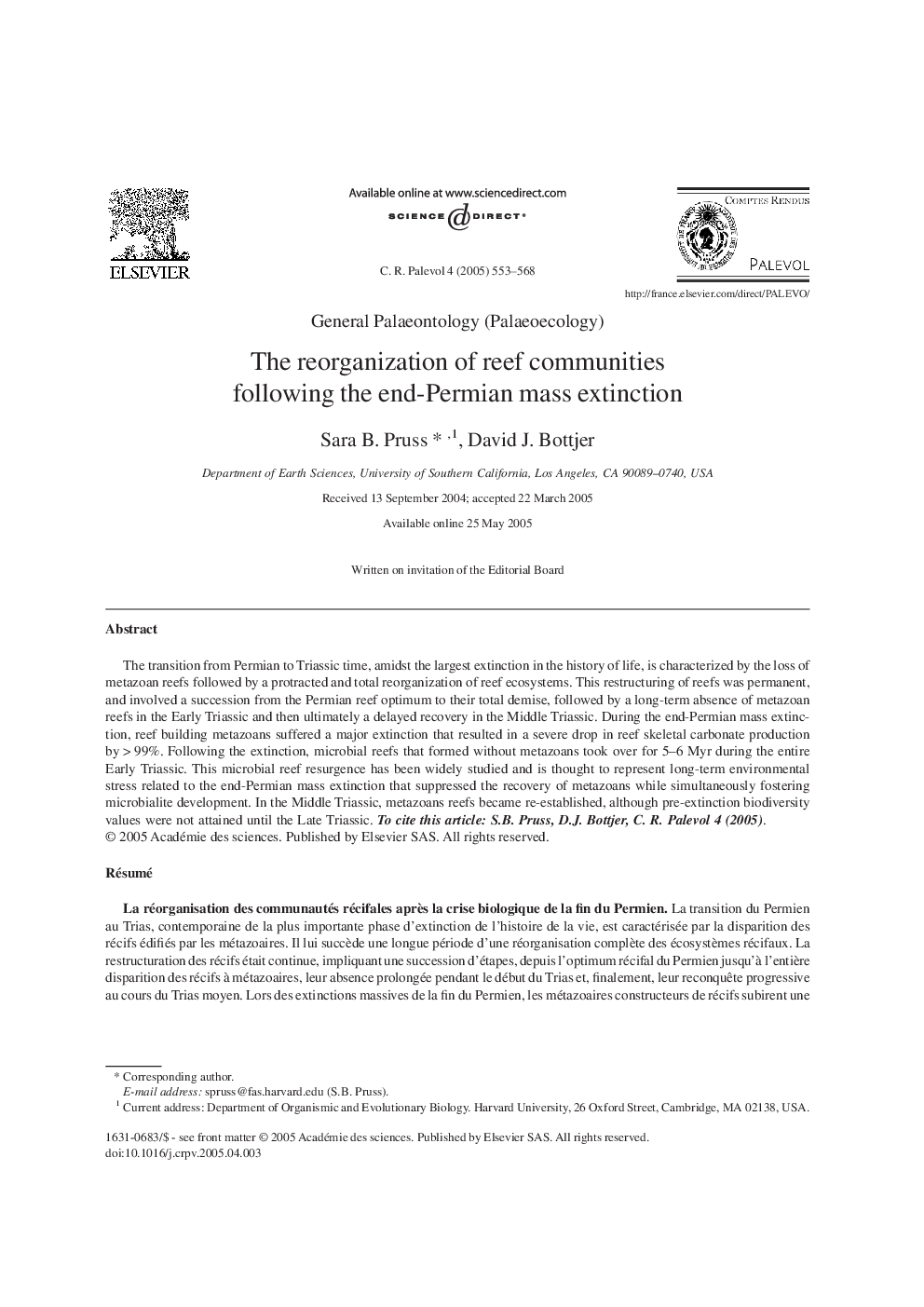 The reorganization of reef communities following the end-Permian mass extinction