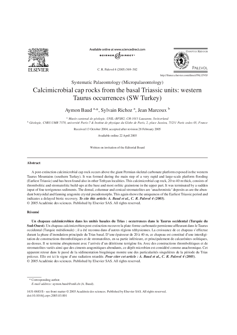 Calcimicrobial cap rocks from the basal Triassic units: western Taurus occurrences (SW Turkey)