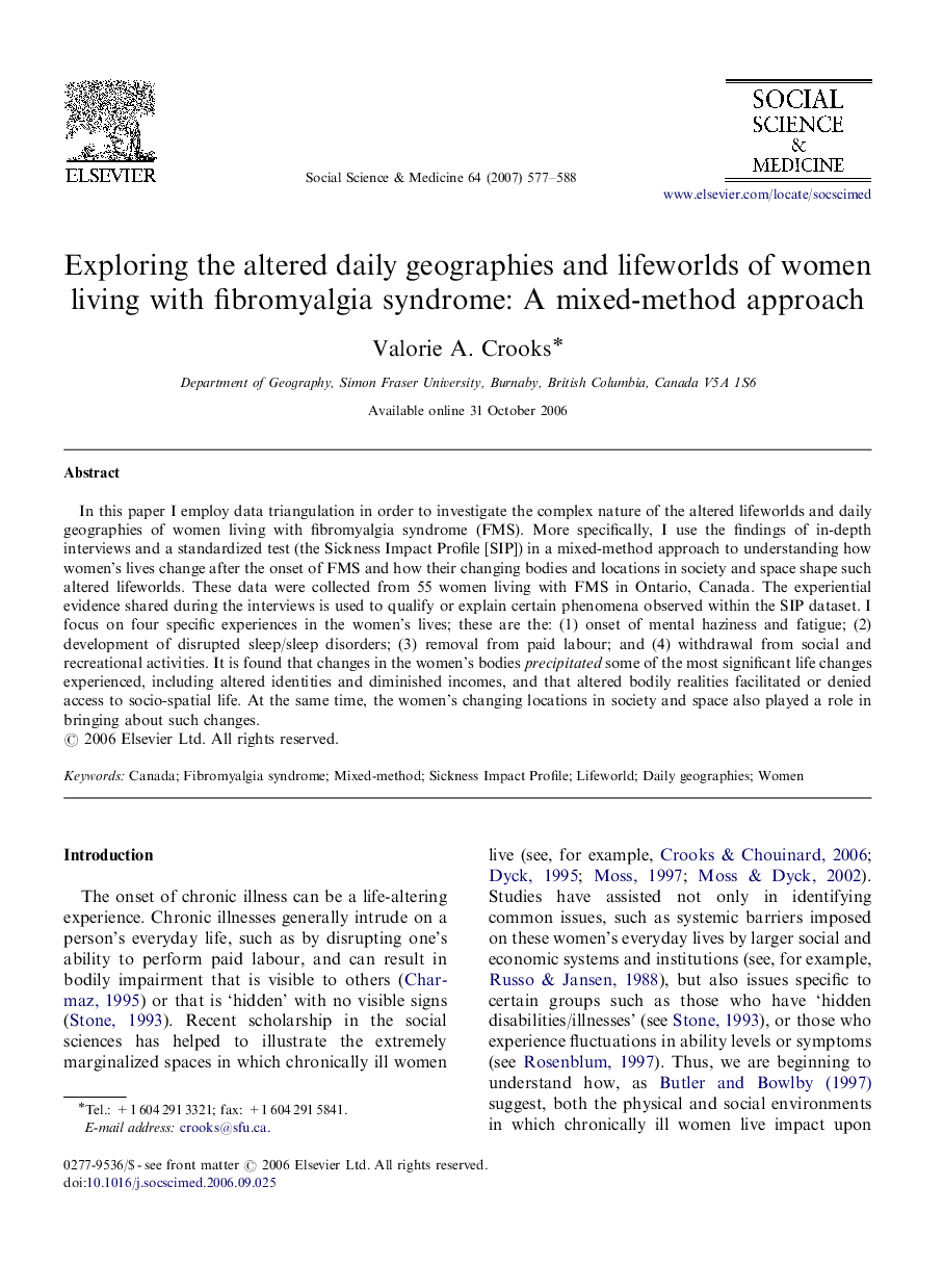 Exploring the altered daily geographies and lifeworlds of women living with fibromyalgia syndrome: A mixed-method approach