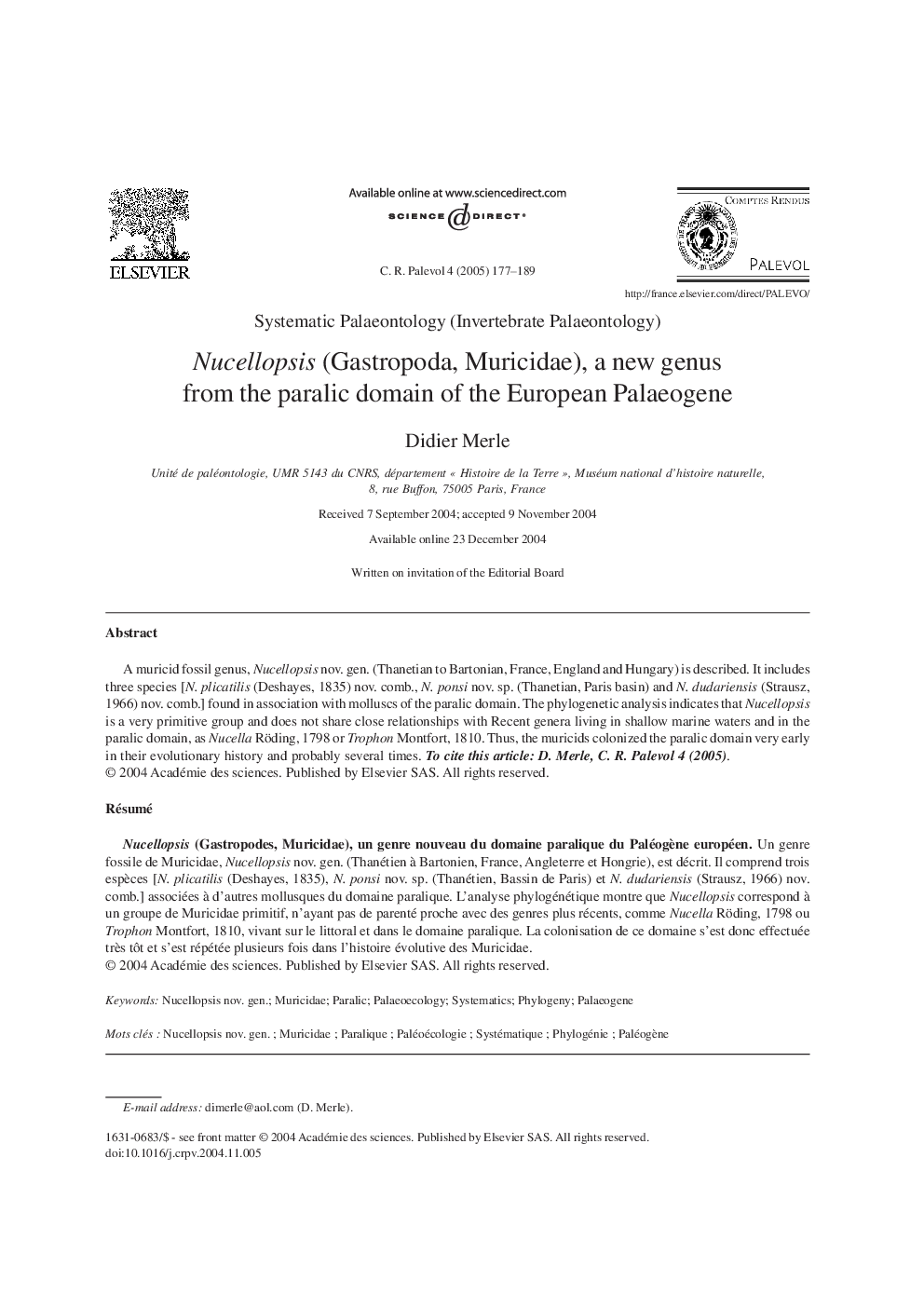 Nucellopsis (Gastropoda, Muricidae), a new genus from the paralic domain of the European Palaeogene