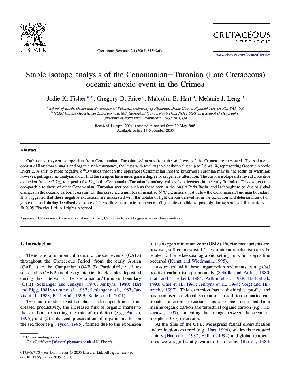 Stable isotope analysis of the Cenomanian-Turonian (Late Cretaceous) oceanic anoxic event in the Crimea