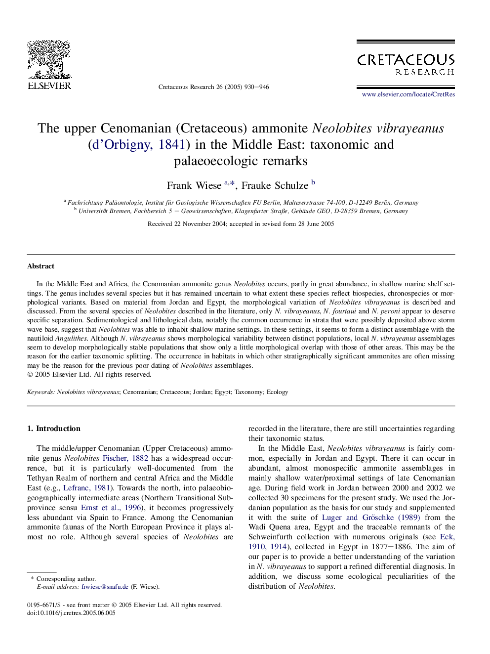 The upper Cenomanian (Cretaceous) ammonite Neolobites vibrayeanus (d'Orbigny, 1841) in the Middle East: taxonomic and palaeoecologic remarks