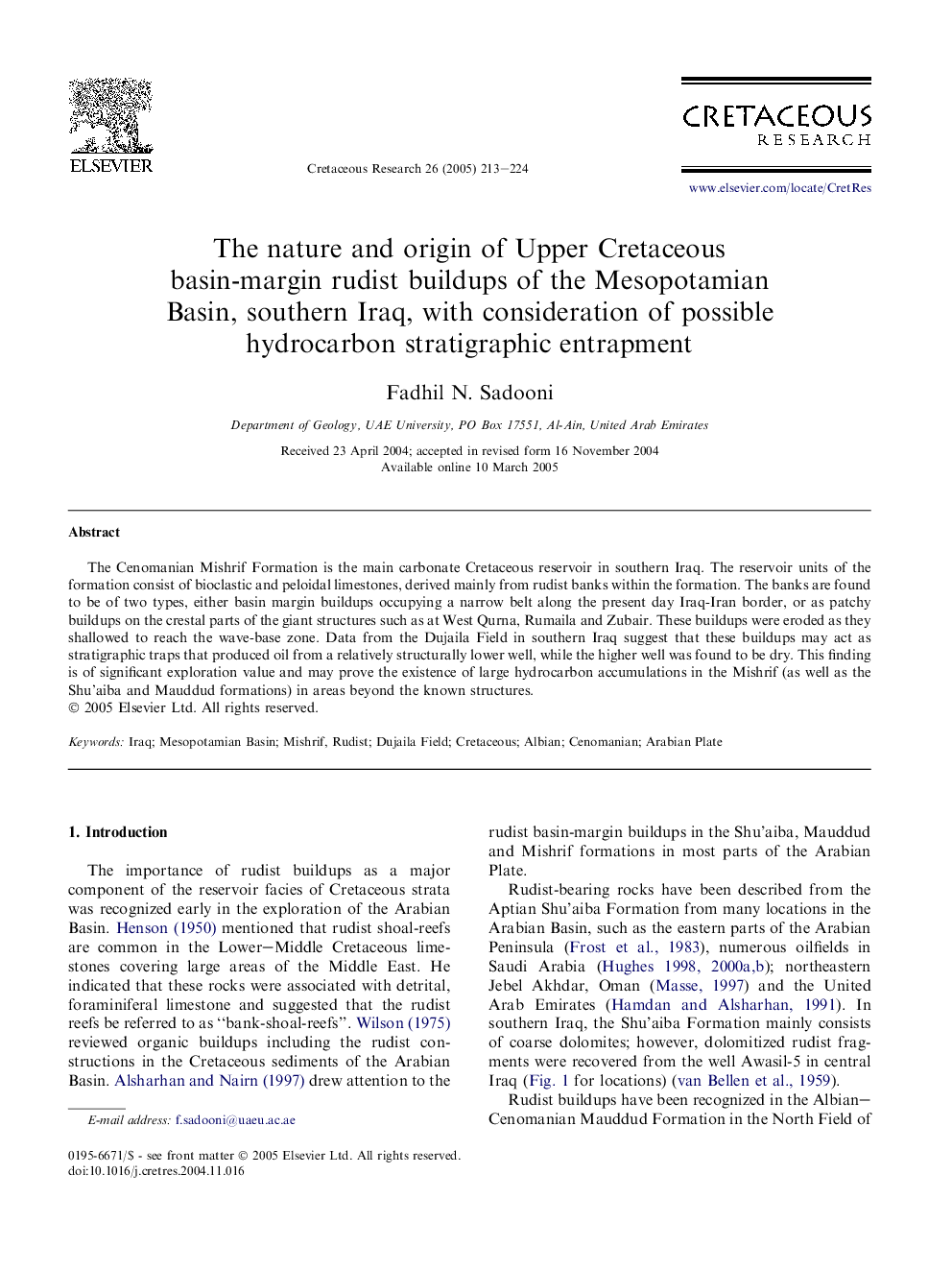 The nature and origin of Upper Cretaceous basin-margin rudist buildups of the Mesopotamian Basin, southern Iraq, with consideration of possible hydrocarbon stratigraphic entrapment