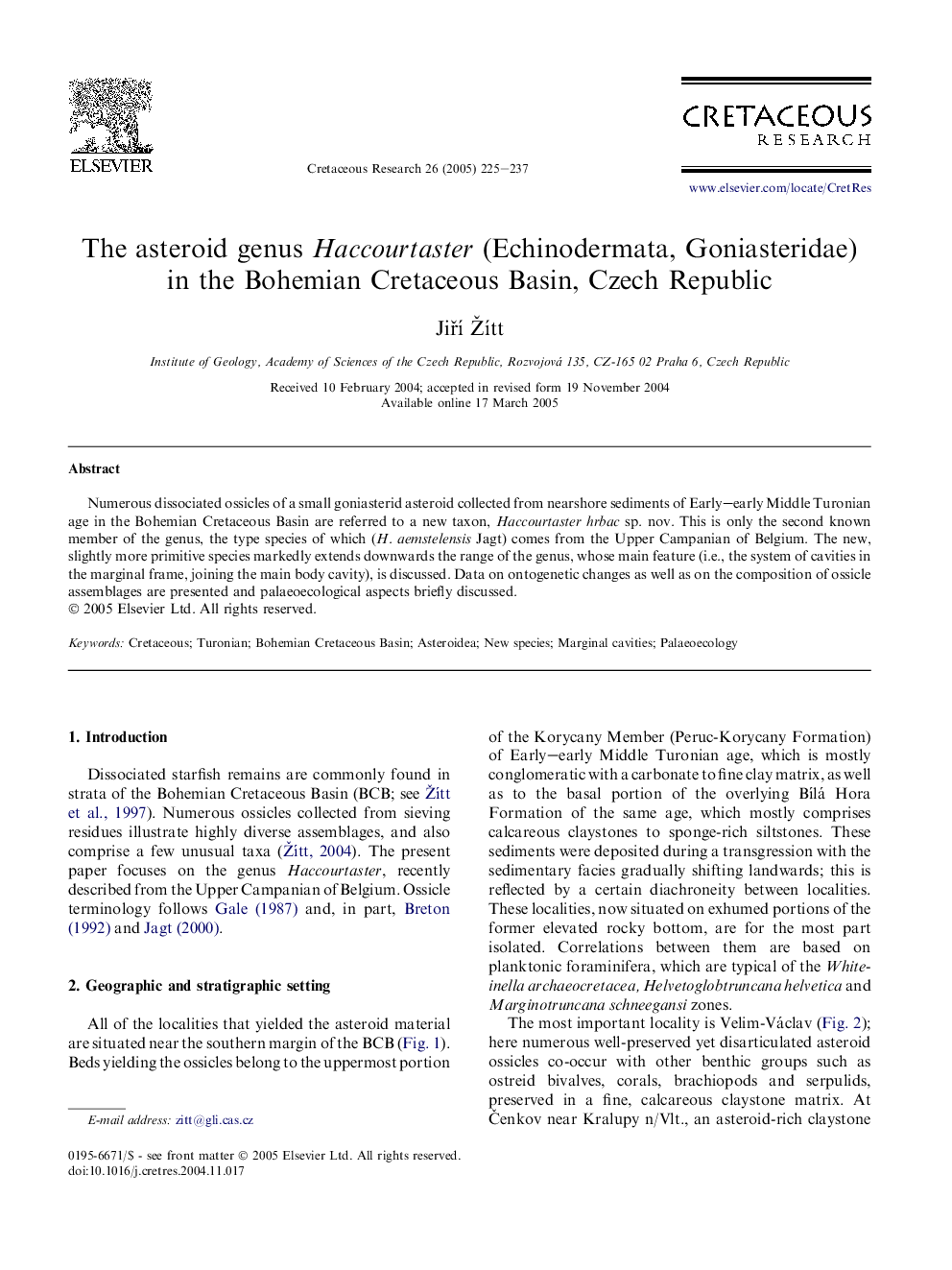 The asteroid genus Haccourtaster (Echinodermata, Goniasteridae) in the Bohemian Cretaceous Basin, Czech Republic