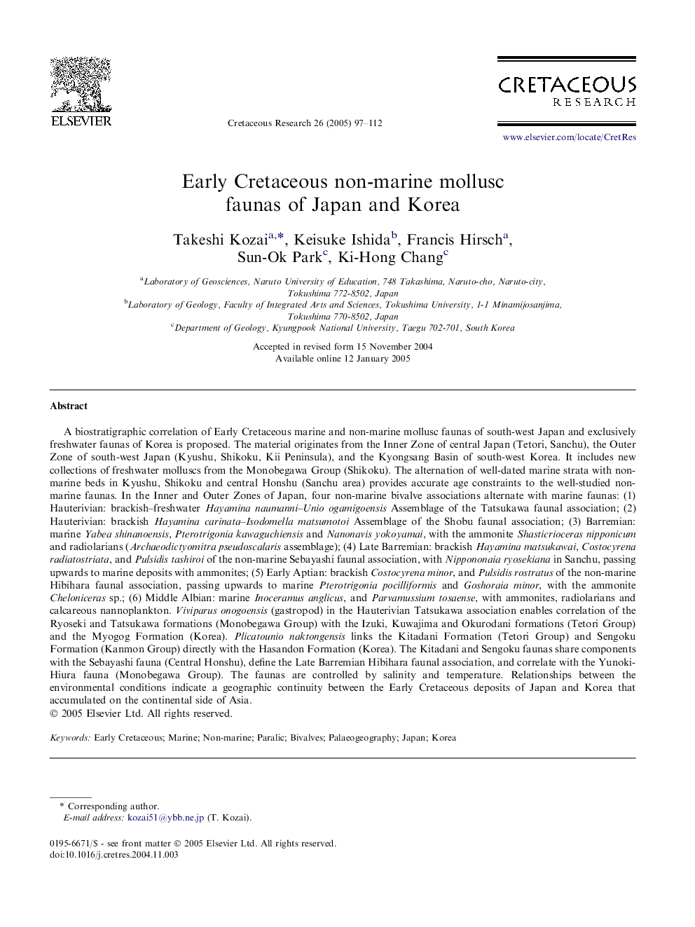 Early Cretaceous non-marine mollusc faunas of Japan and Korea