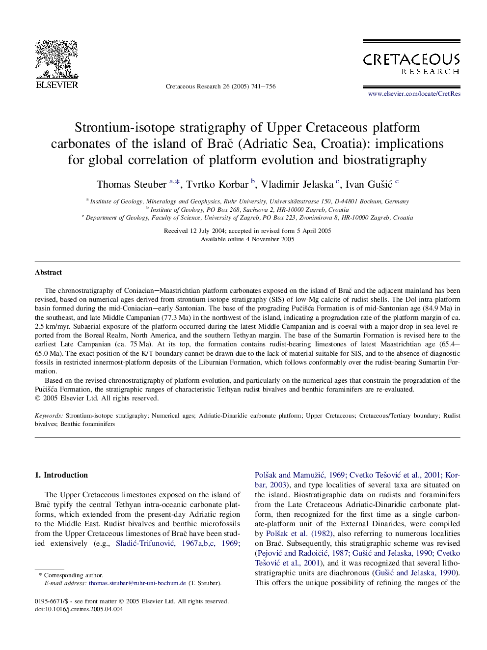 Strontium-isotope stratigraphy of Upper Cretaceous platform carbonates of the island of BraÄ (Adriatic Sea, Croatia): implications for global correlation of platform evolution and biostratigraphy