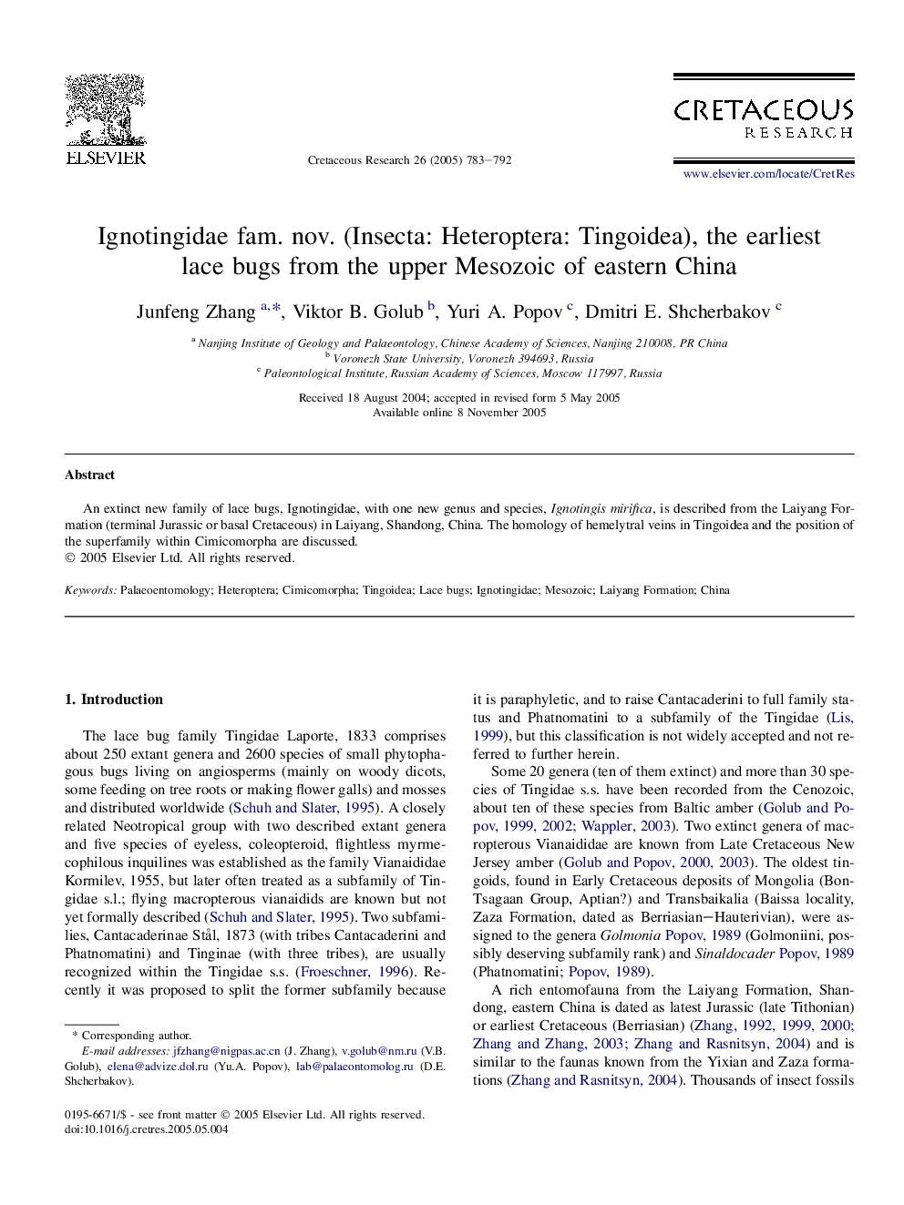 Ignotingidae fam. nov. (Insecta: Heteroptera: Tingoidea), the earliest lace bugs from the upper Mesozoic of eastern China