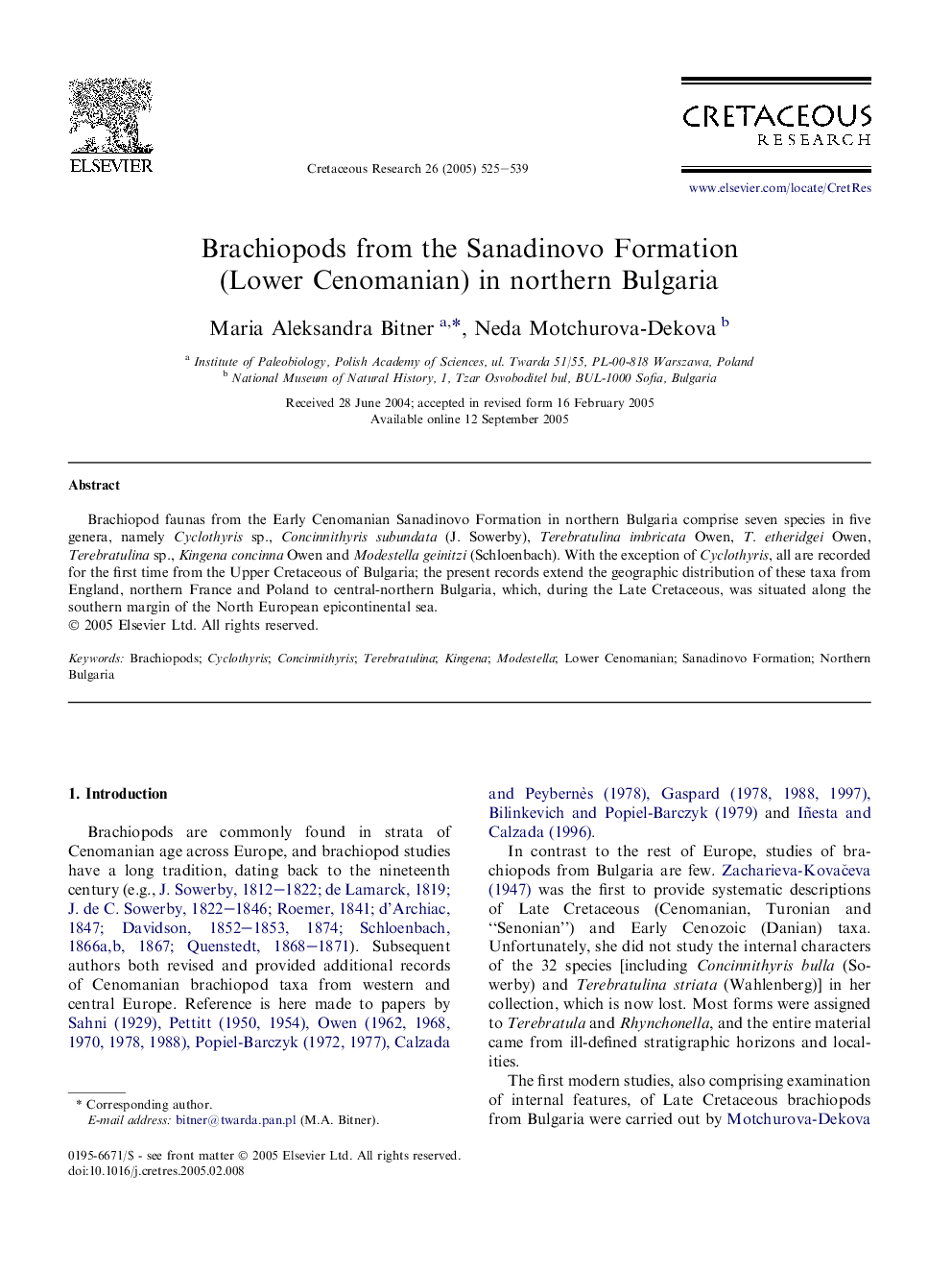 Brachiopods from the Sanadinovo Formation (Lower Cenomanian) in northern Bulgaria