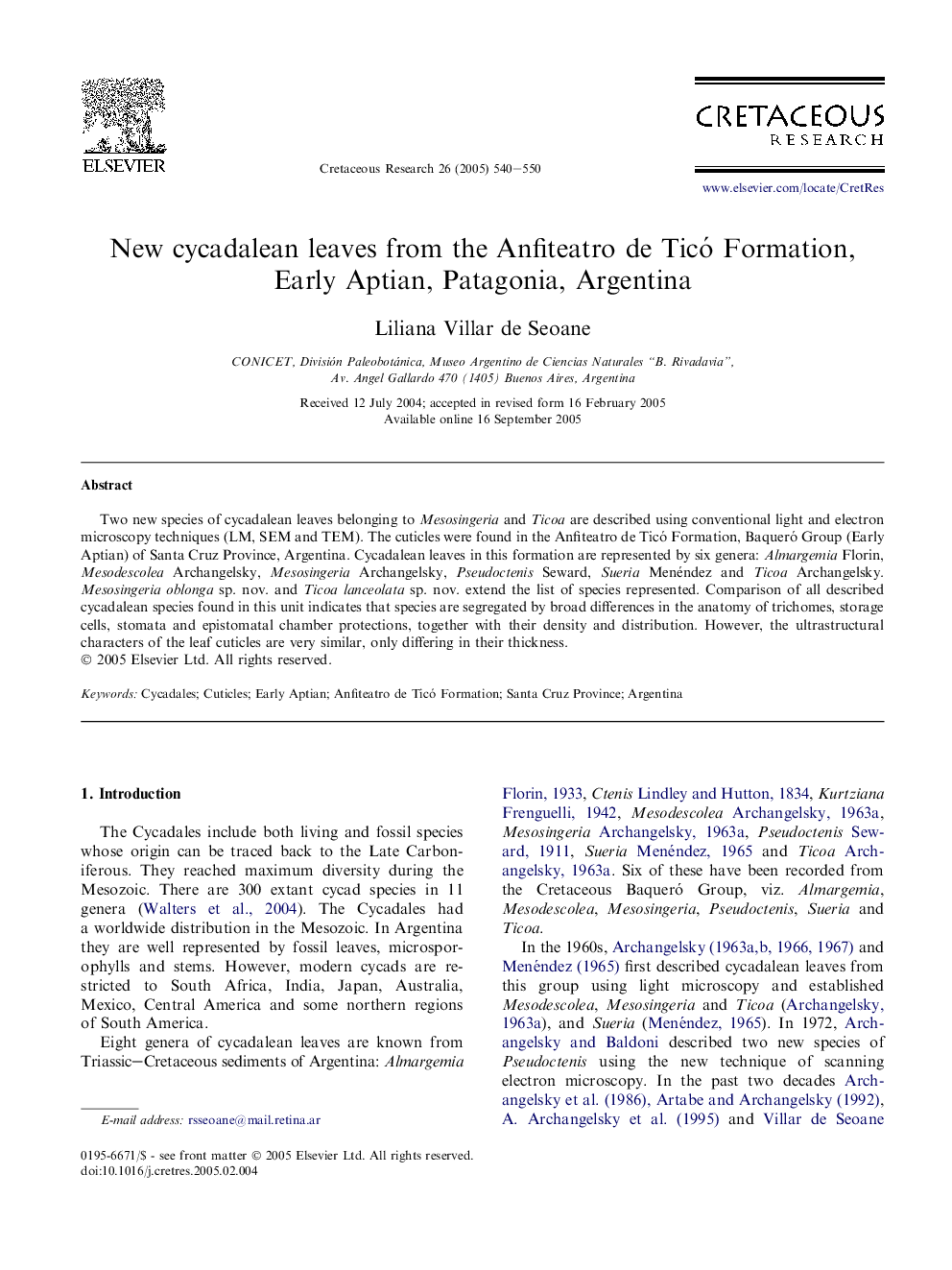 New cycadalean leaves from the Anfiteatro de Ticó Formation, Early Aptian, Patagonia, Argentina