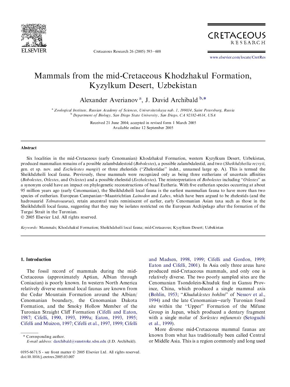 Mammals from the mid-Cretaceous Khodzhakul Formation, Kyzylkum Desert, Uzbekistan