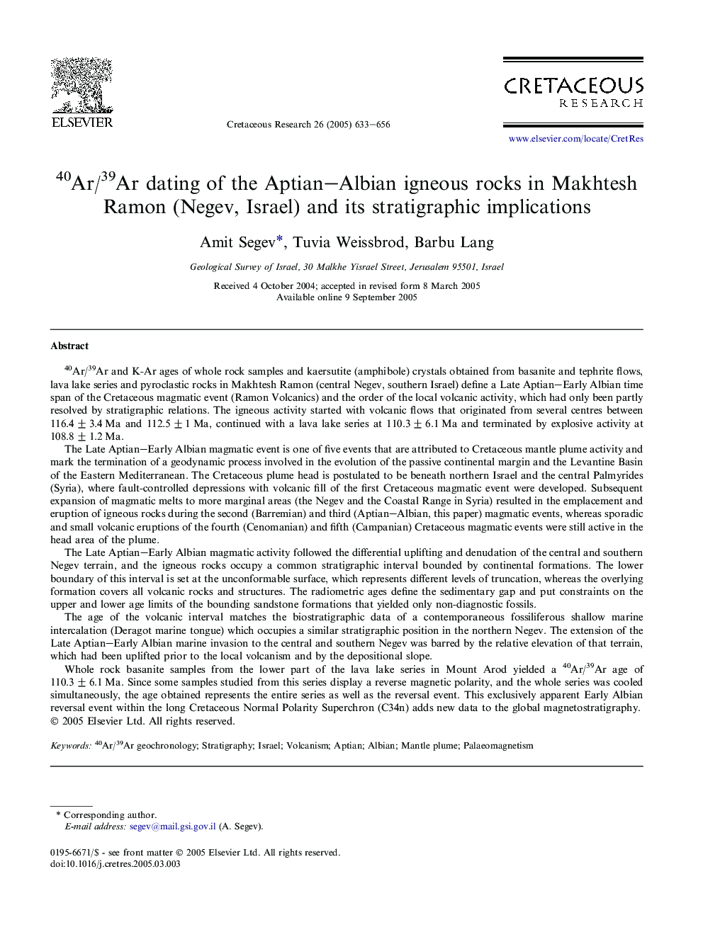 40Ar/39Ar dating of the Aptian-Albian igneous rocks in Makhtesh Ramon (Negev, Israel) and its stratigraphic implications