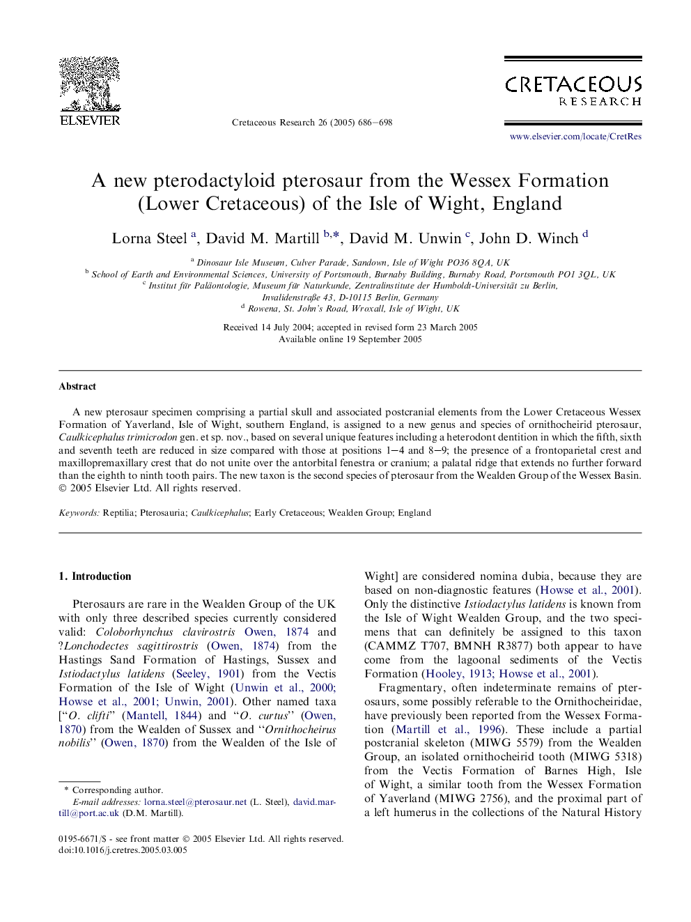 A new pterodactyloid pterosaur from the Wessex Formation (Lower Cretaceous) of the Isle of Wight, England