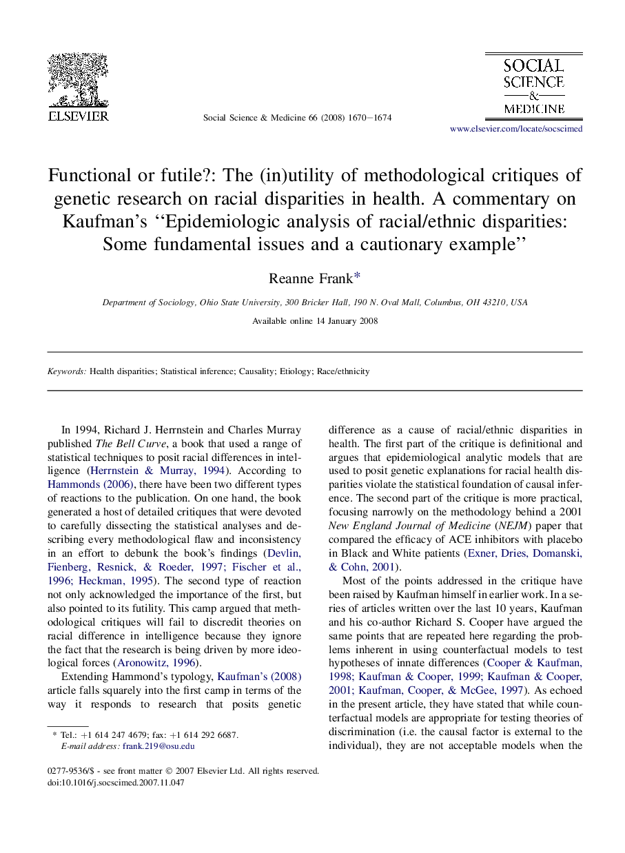 Functional or futile?: The (in)utility of methodological critiques of genetic research on racial disparities in health. A commentary on Kaufman's “Epidemiologic analysis of racial/ethnic disparities: Some fundamental issues and a cautionary example”