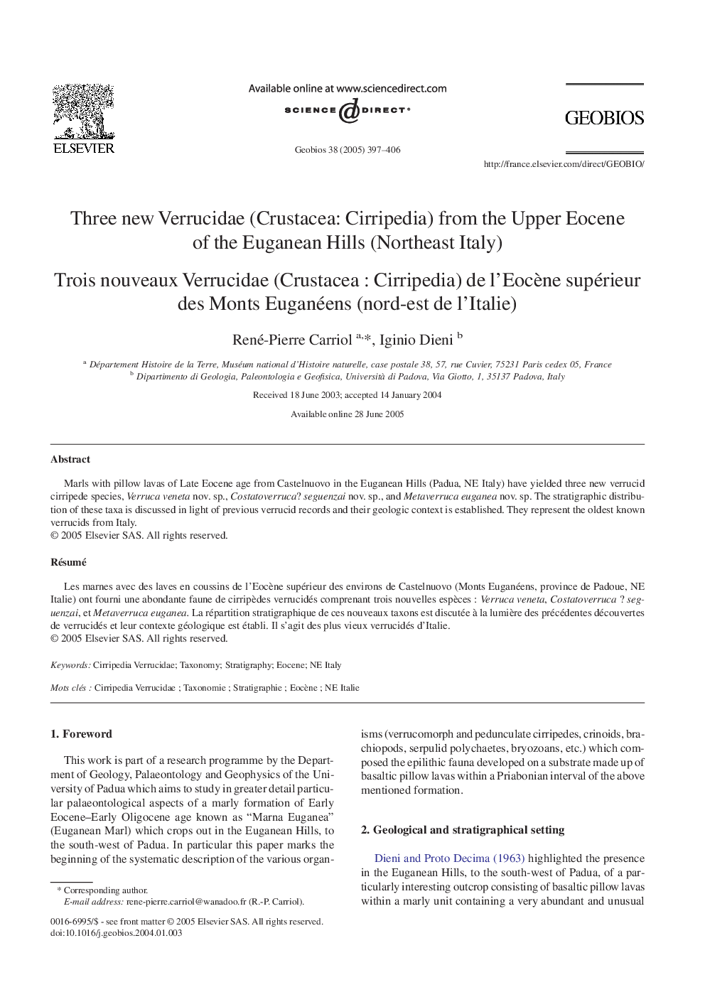 Three new Verrucidae (Crustacea: Cirripedia) from the Upper Eocene of the Euganean Hills (Northeast Italy)